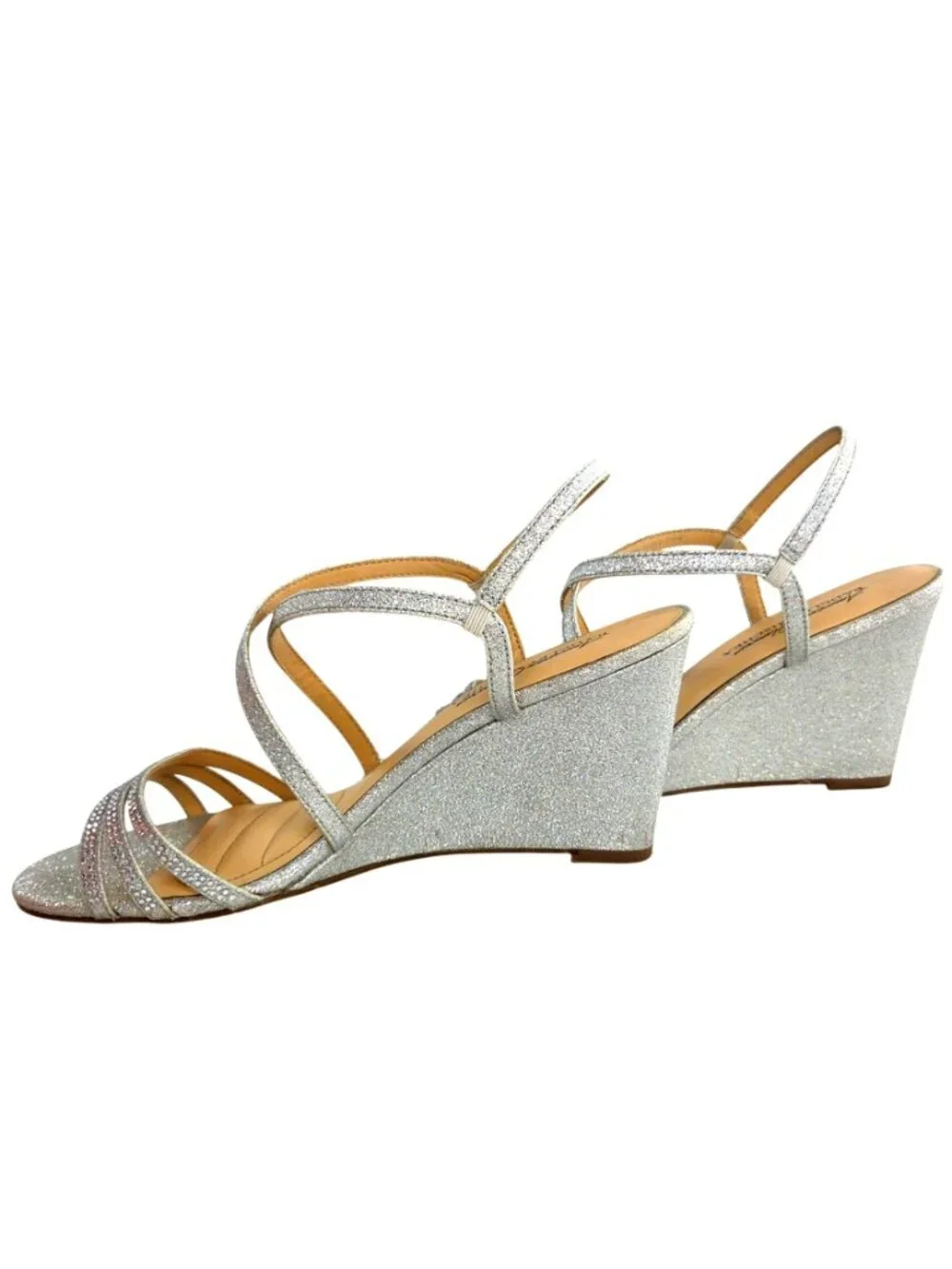 American Glamour by Badgley Mischka Silver Rhinestone Strappy Wedge Sandals 8